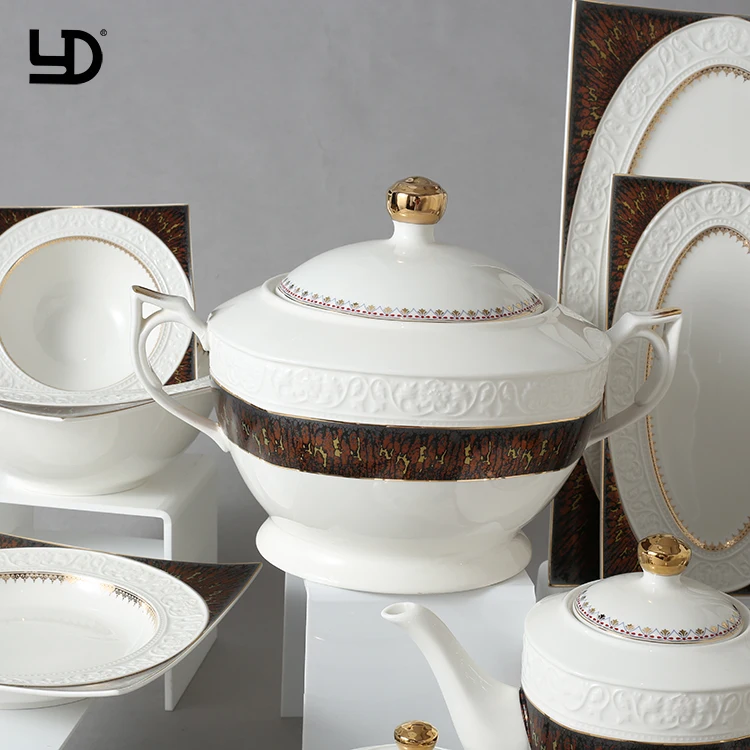 Customized Gold Dinner Set White Dinner Set 72 Pcs Square Ceramic Dinnerware Sets Luxury Buy