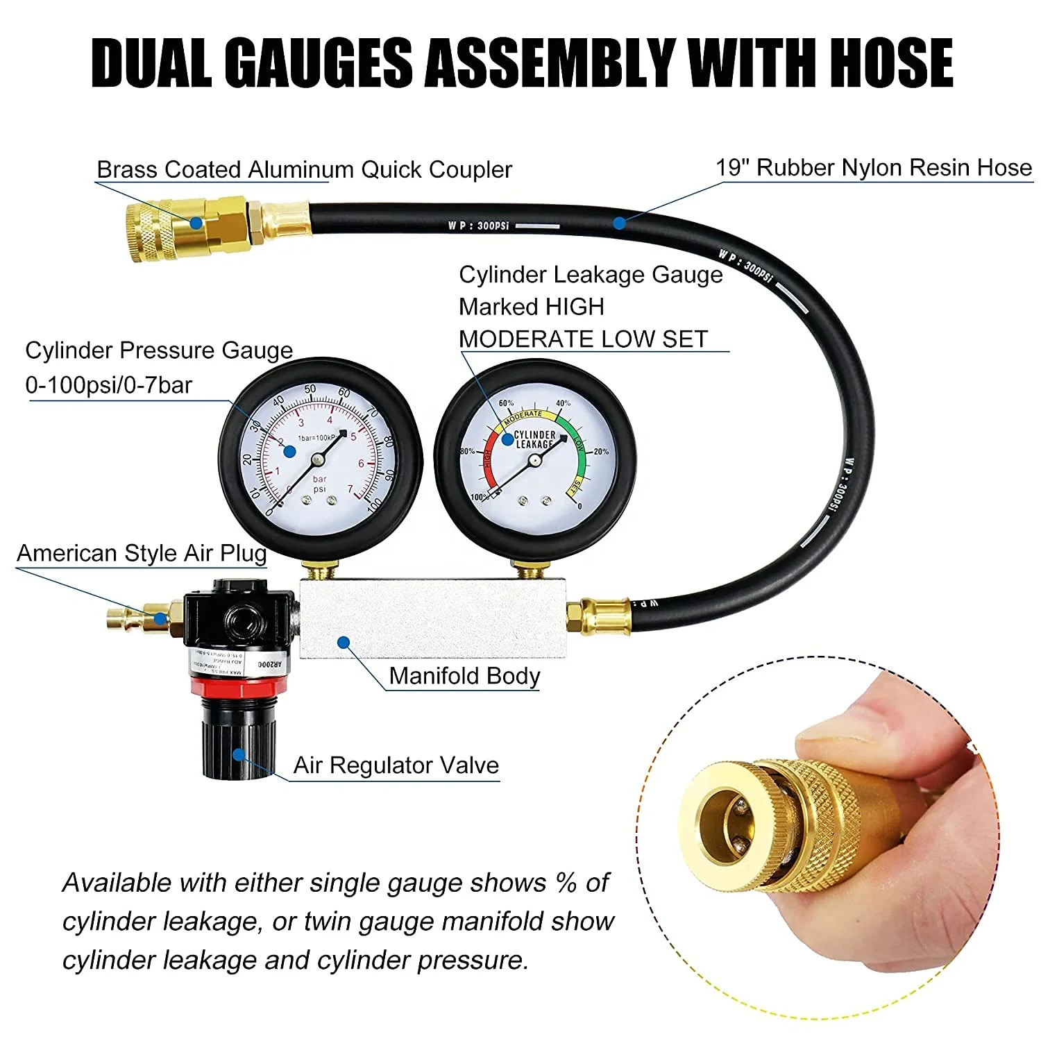 Viktec Professional Dual Pressure Gauges Engine Compression 5pc Cylinder Leak Down Tester Kit