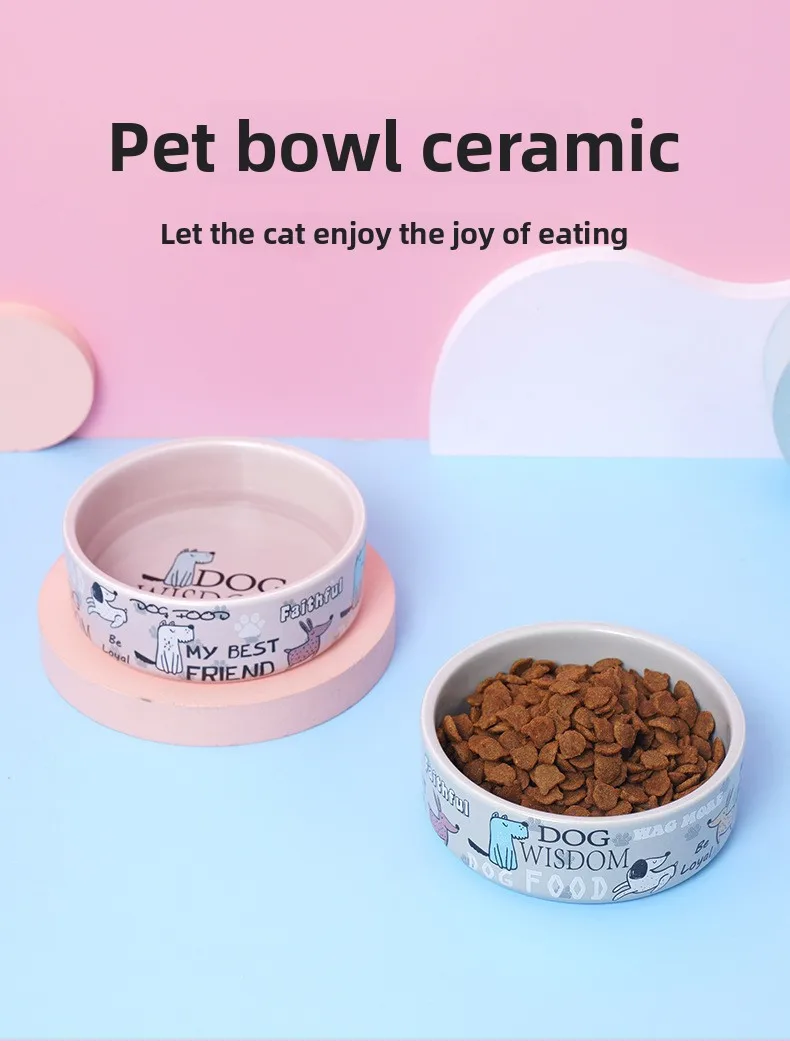 KM Ceramic Eco-Friendly Solid Pet Bowl Flat-Mouth Feeding Dish Neck Protection Slanted-Mouth Puppy Dog Bowl Indoor Use Cat