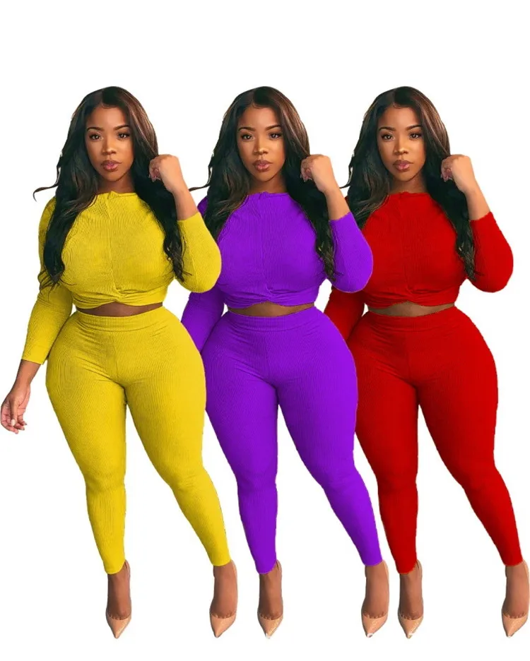 New Fashion Lady 2 Pcs Crop Tops Pants Solid Color Plus Size Tracksuit Autumn Women Two Piece Set