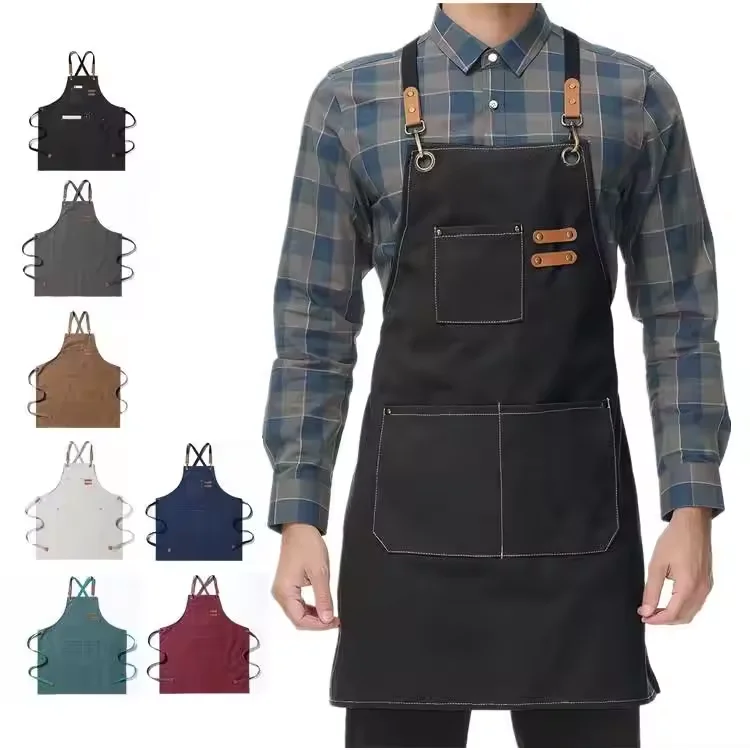 Leather Canvas Kitchen Aprons for Woman Men Chef Stylist Apron Grill Restaurant Bar Shop Cafes Beaut