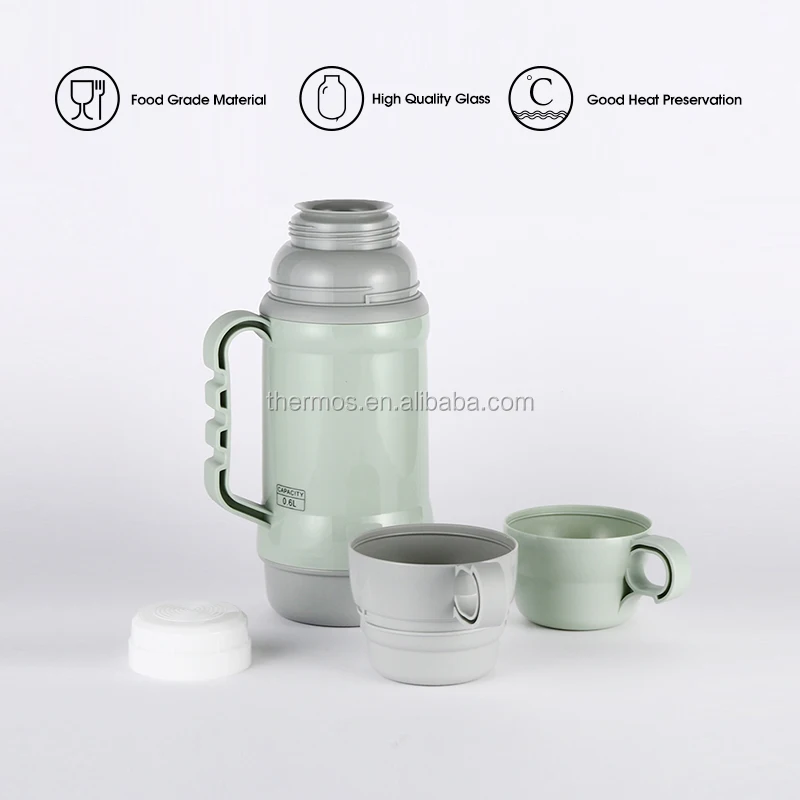Double Cups New Design Plastic Body Glass Refill Thermos Flask Stocked