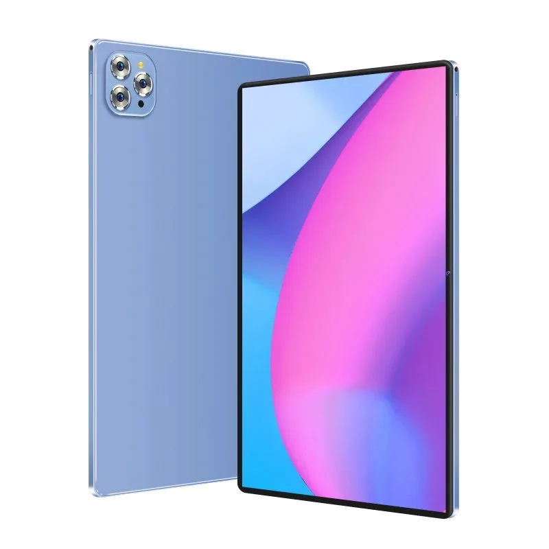 Side-by-side comparison: standard Android tablet with visible front camera cutout vs. camera-free model with seamless bezel