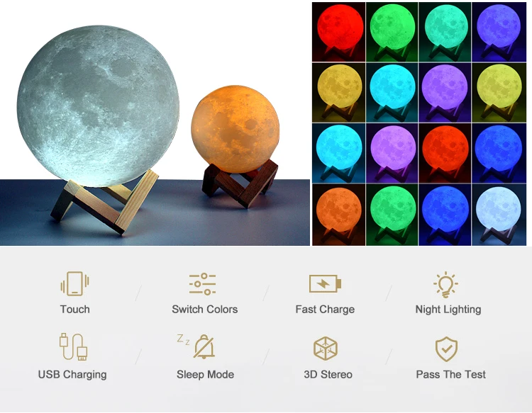 Moon Lamp Usb Rechargeable Gifts Night Light 16 Colors Led 5.9 Inch 3d ...