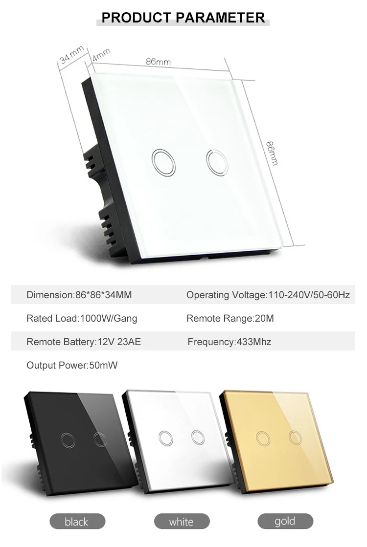 Uk Standard Wall Touch Light Switch Crystal Glass Plate Switch 2gang 1way Remote Wall Switch
