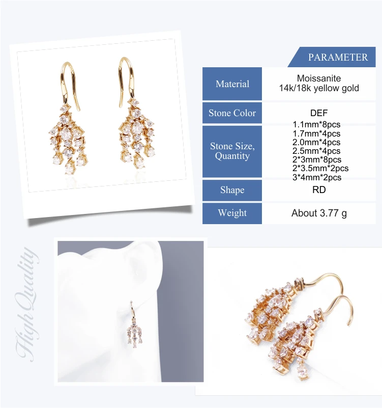 Tianyu 14k/18k yellow gold earring colorless moissanite drop earring for ladies