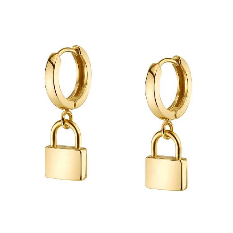 925 Sterling Silver Gold Plated Dangle Lock Hoop Earrings Jewelry - Buy