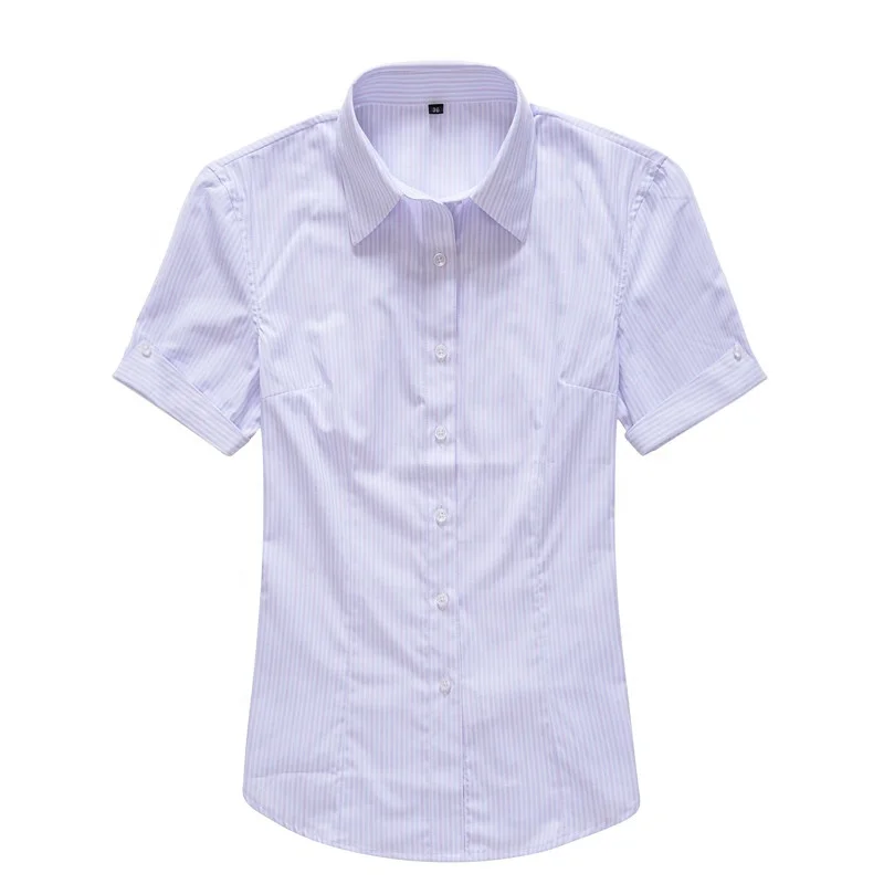 
Bank Uniform design Yarn dyed stripe ladies blouse short sleeve 