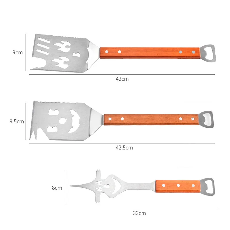 Multifunctional Stainless Steel BBQ Tool Set Outdoor BBQ Wooden Handle Fork Spatula Combination Set details
