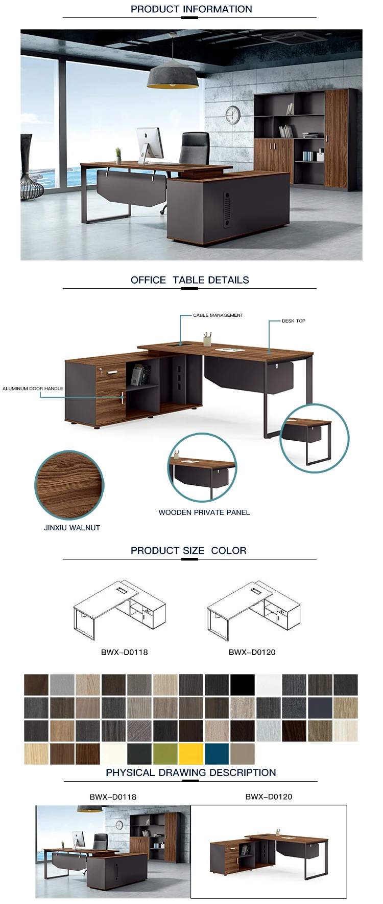 U shape metal leg wood tables 16mm MFC walnut color 2m manager office desk