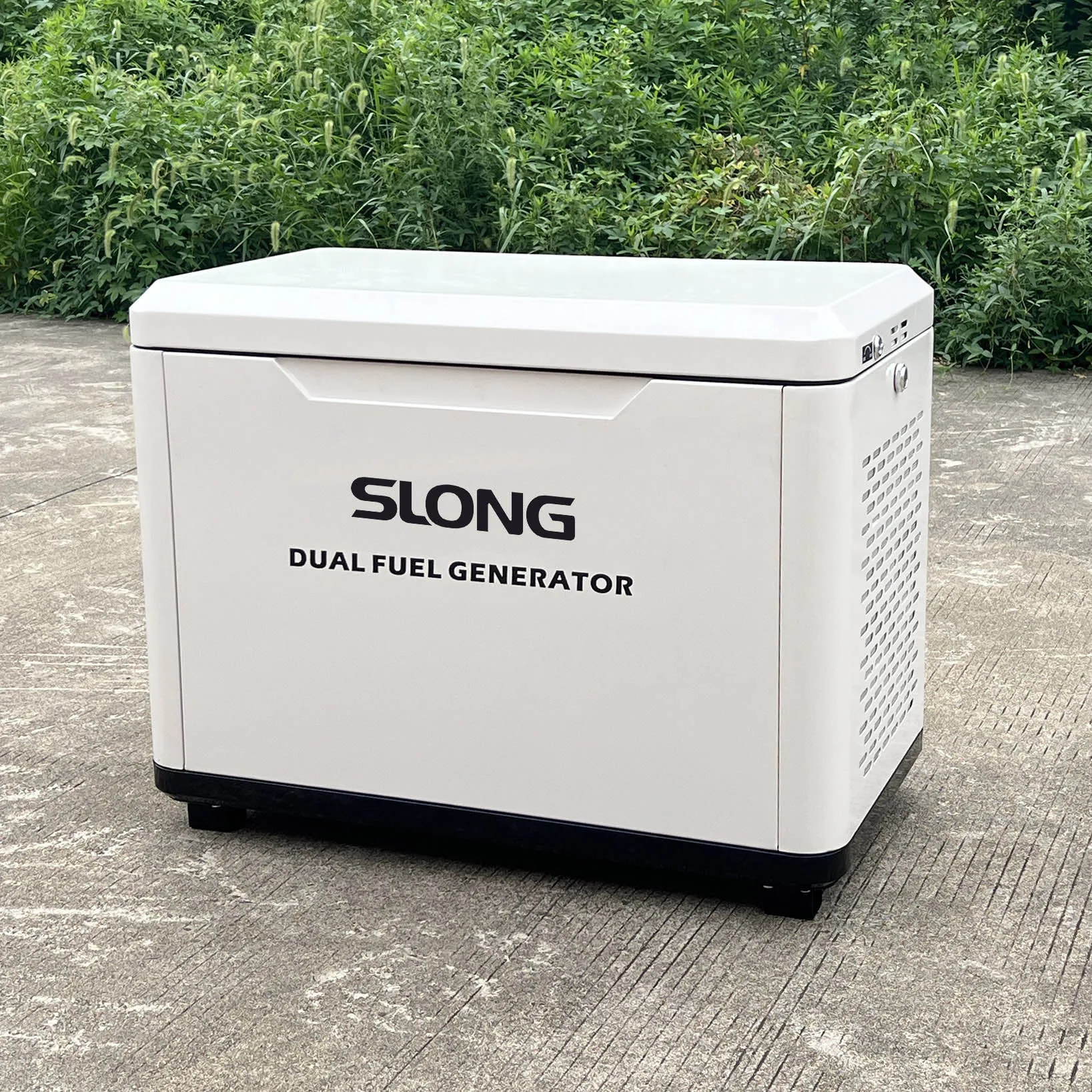 Tri-Fuel 15000W generator with propane tank, natural gas hose, and gasoline can