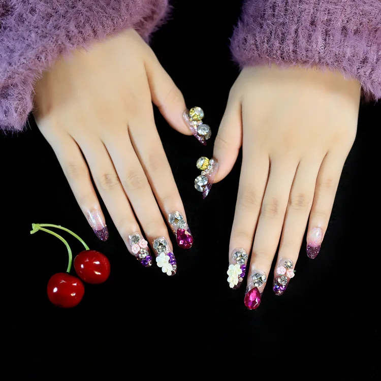 OMG Pearl Shiny pinky Glittery Extra Long Stiletto Faux Ongles Press on Nails With Sticker