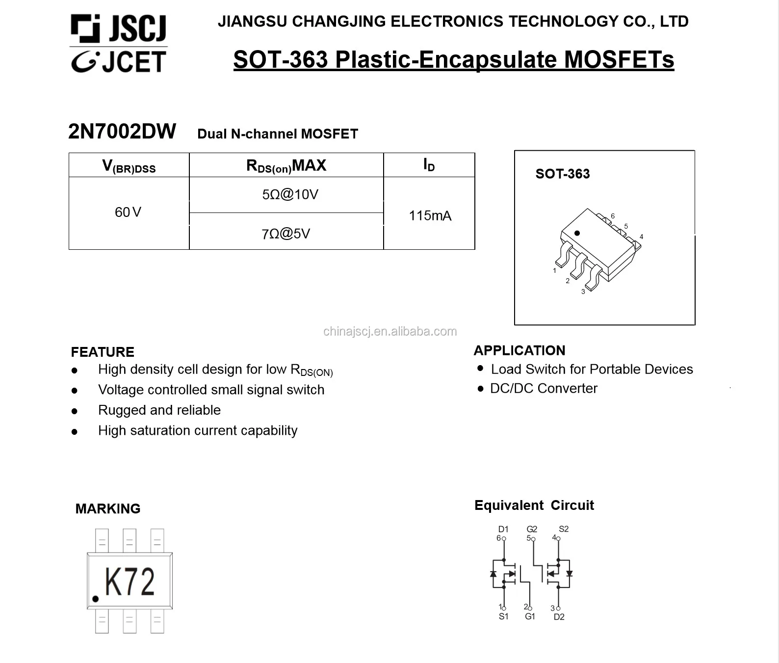 ic dual n 通道 mosfet 2n7002dw sot-363