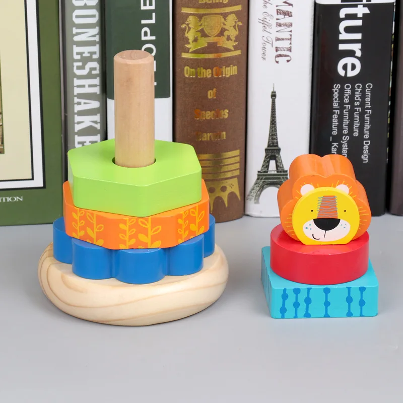 Wooden Lion Stacking Tower Toy Wood Stacker Learning Toy for Kids Classic Developmental Sorting and Stacking Toy