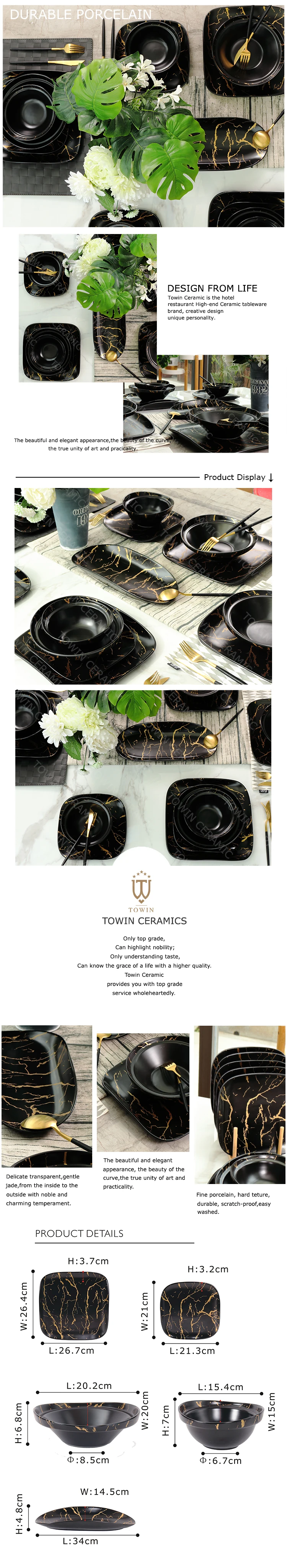 Wholesale luxury black glaze irregular porcelain marble dinner set for restaurant  .jpg