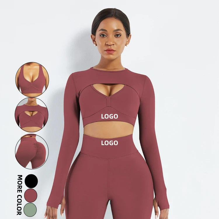 

2021 Yoga Set 3 Piece Long Sleeve Crop Top And High Waist Yoga Pants Seamless Yoga Set
