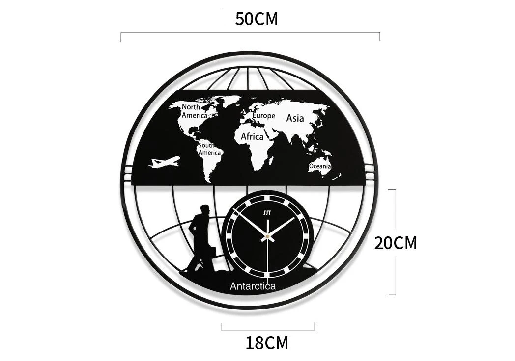 World Map Design Silent Wall Clock Wood Metal Home Decoration Round