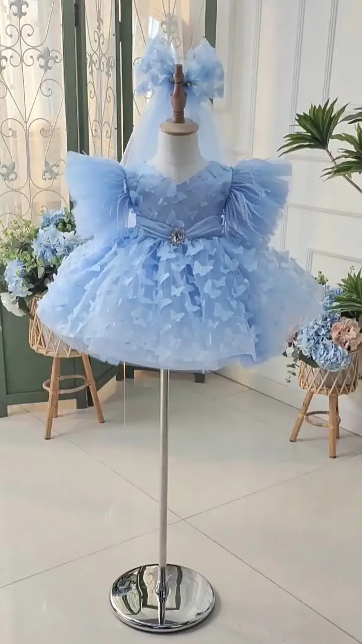 Girl Luxury Blue butterfly Party Wedding Dress Girl Short Bridal Piano  Birthday Cake Princess Evening Dress