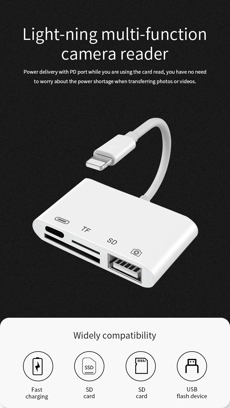 Ocamo 4 in 1 Lightning to USB Camera Adapter SD/TF Card Reader USB 3.0 OTG Cable 