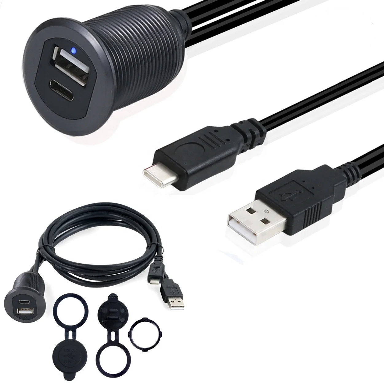 LED light Type C 2.0 and USB 2.0 Male to Female AUX Car Mount Flush Cable