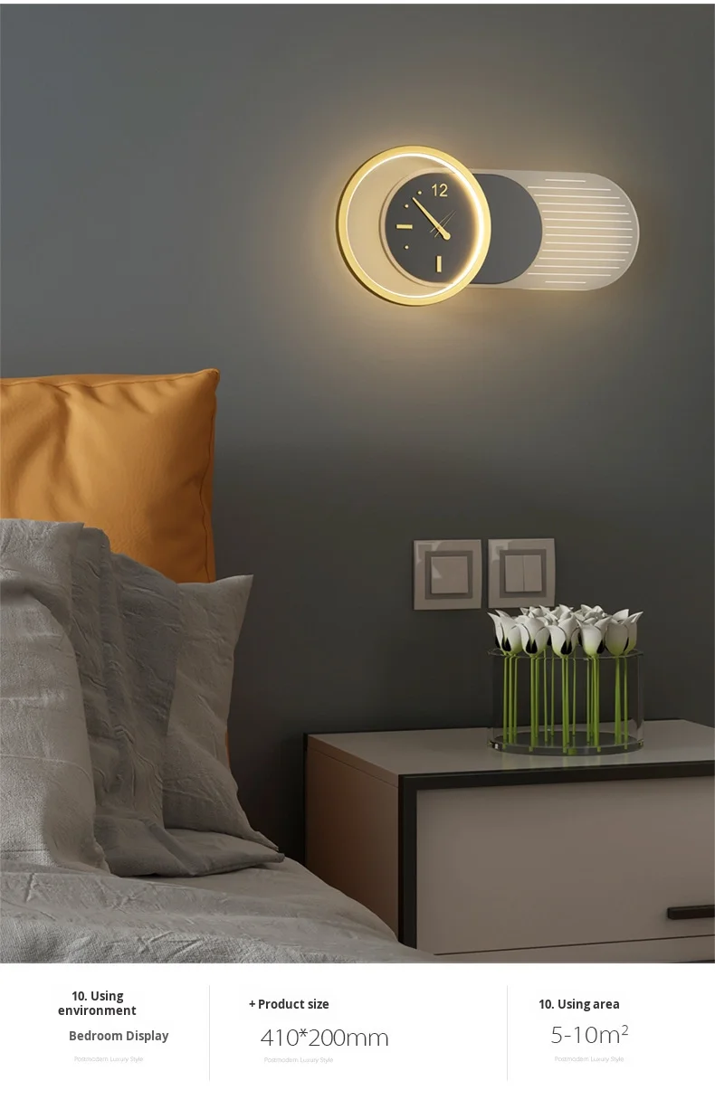 product design model clock bedroom bedside wall lamp living room backdrop led wall light match black and gold iron 220v 90 modern round-2