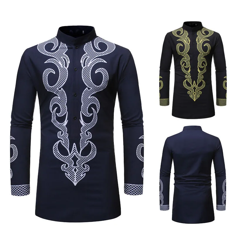 New Men's Longsleeved Printed Long Shirt Muslim Personality Bronzing