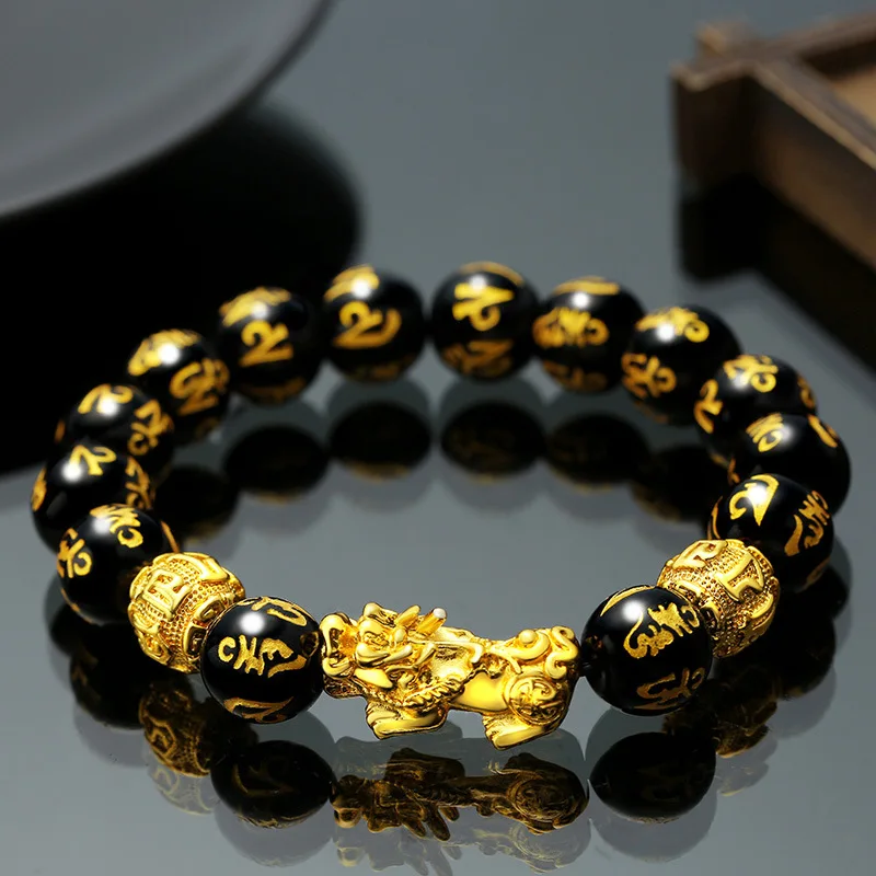 Bring Good Luck Wealth Black Obsidian Stone Beads Men 24k Gold Pixiu ...