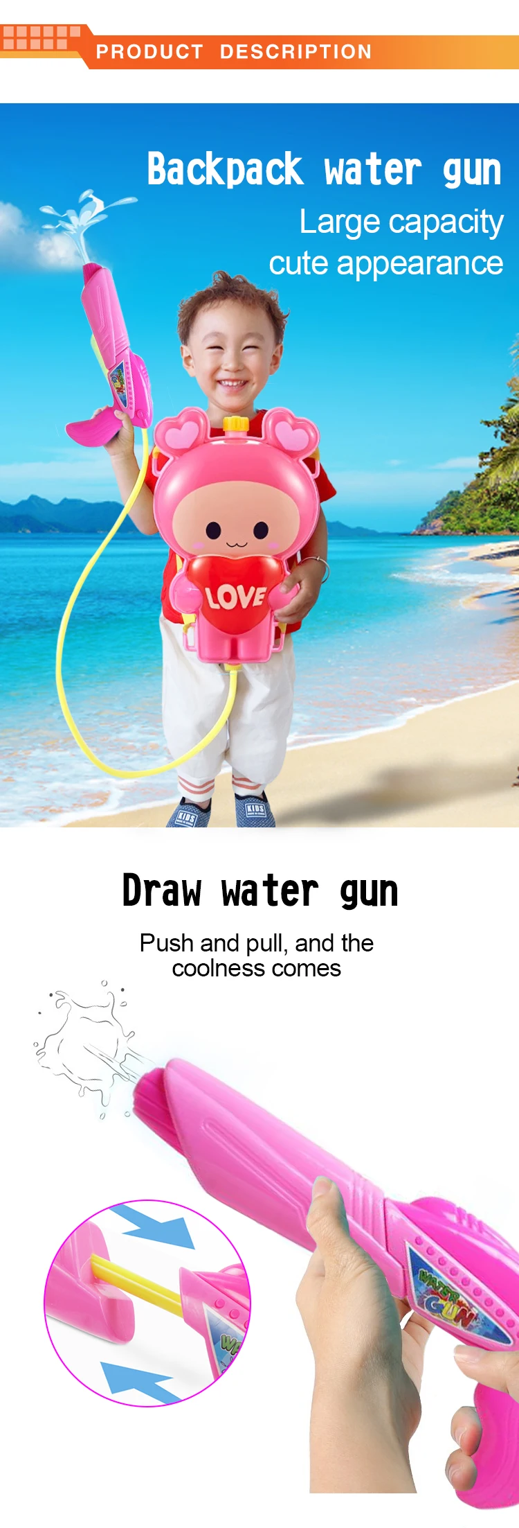 Amazon hot sale cute cartoon pink love rabbit powerful water gun with backpack