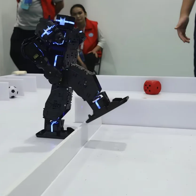 1X NEO robot standing in a modern living room, interacting gently with a child