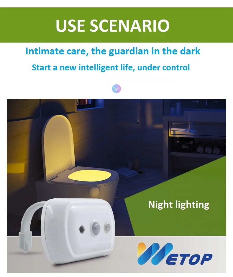 Wetop Toilet Night Light Motion Activated LED Light 8 Colors Changing Toilet Bowl Nightlight for Bathroom Battery Not Included