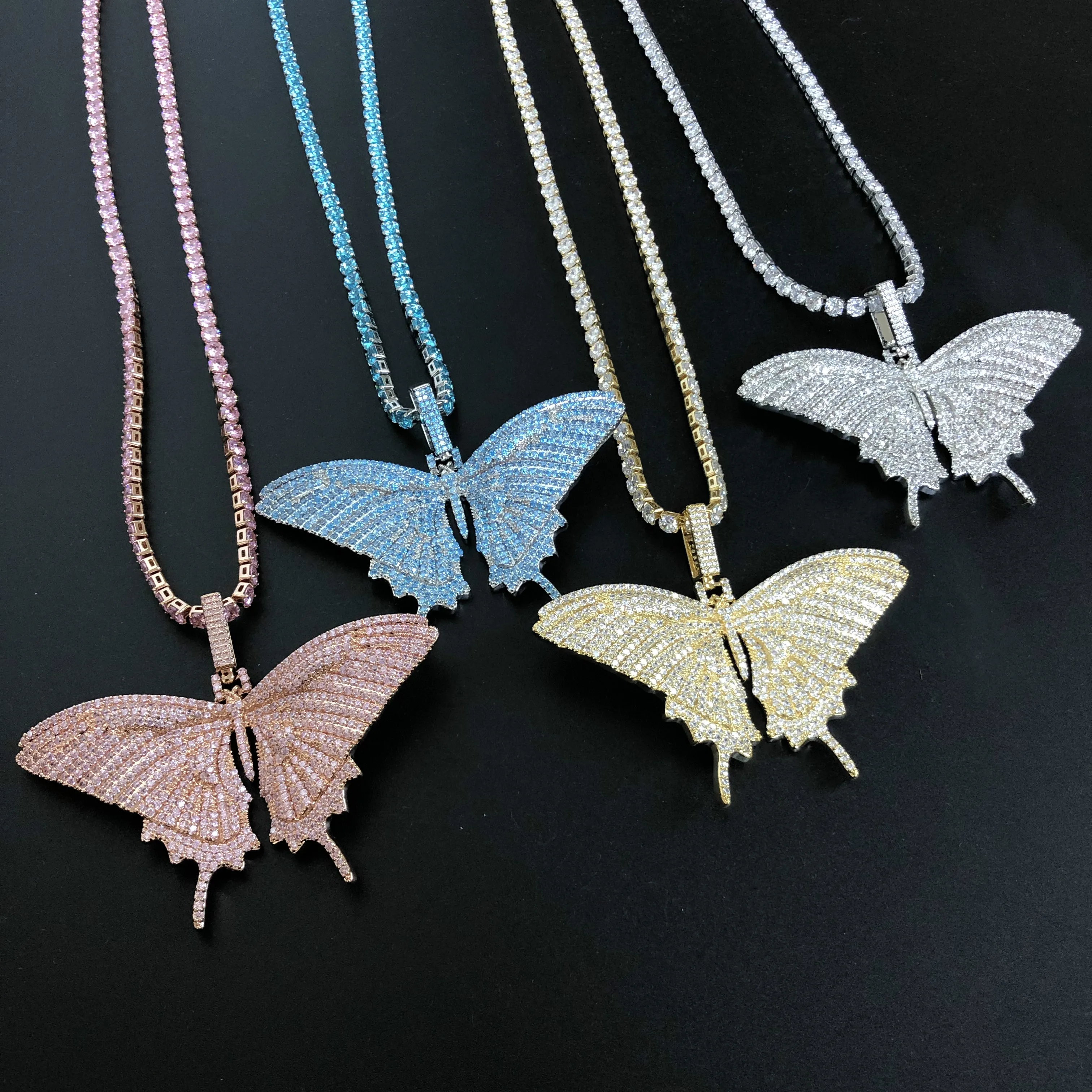 luoxin嘻哈首饰古巴环链女镶钻立方氧化锆蝴蝶项链