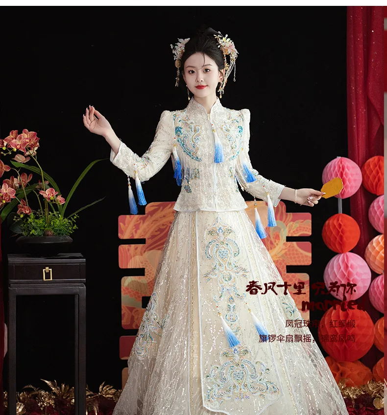 S3335A Luxury White Xiuhe Dress Modern Chinese Style Wedding Dress Heavy Industry Bridal Dress for Summer Weddings