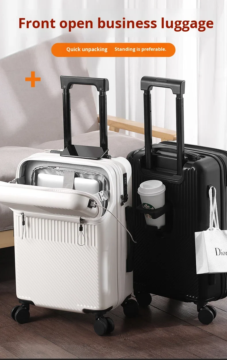 product 2026 new design front opening pocket luggage charging usb cup holder abspc spinner anti theft 20 inch boarding travel suitcase-6