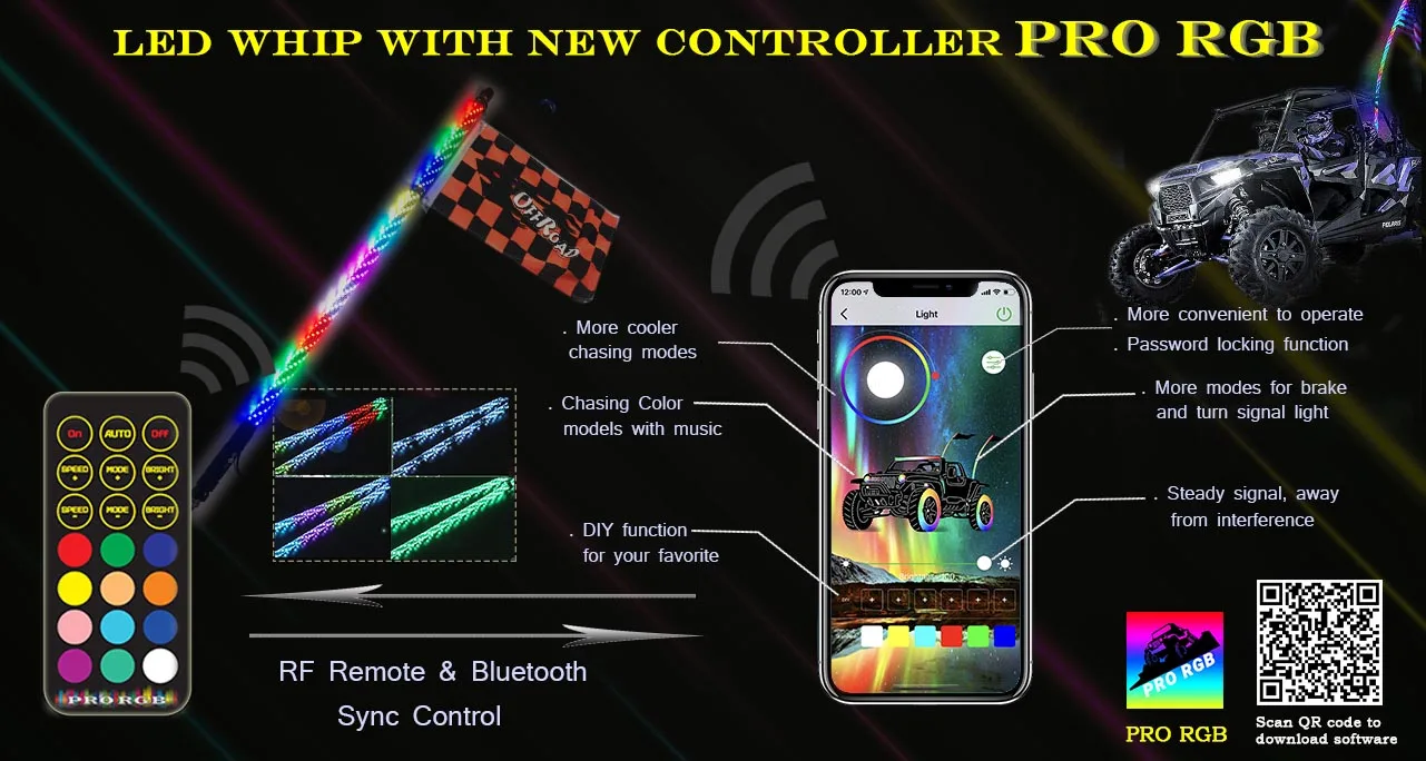 Brighter 360 Degree Spiral Led Whip Lights App And Remote Control