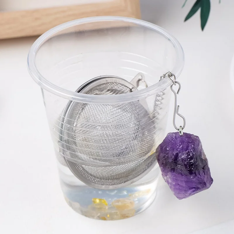 Custom Stainless Steel Chain Mesh Ball Tea Filter with Natural Crystal Stone Decorative Pendant Set for Coffee Tea factory