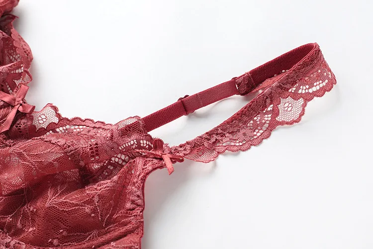 Women's Ultra-Thin Non-Sponge Transparent Lace Bra Set Floral Embroidered Sexy Underwear Large Chest Breathable Plain Dyed Waist