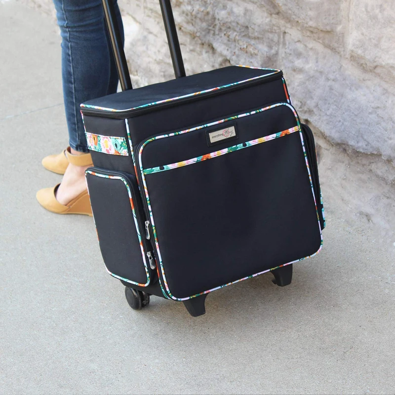 Black Rolling Scrapbook Storage Tote Craft Case Telescoping Handle With