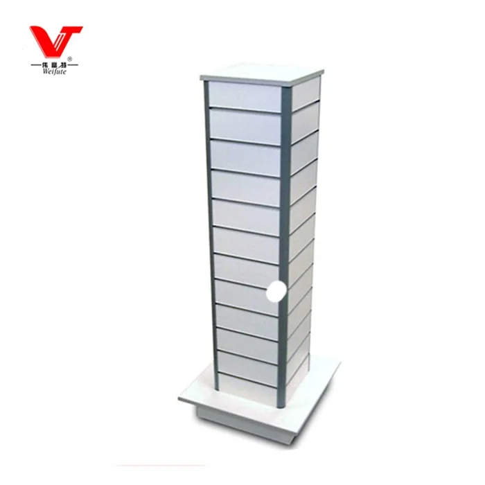 4 Way Slatwall Wooden Rotating Black Shoes Display Stand With Wheels