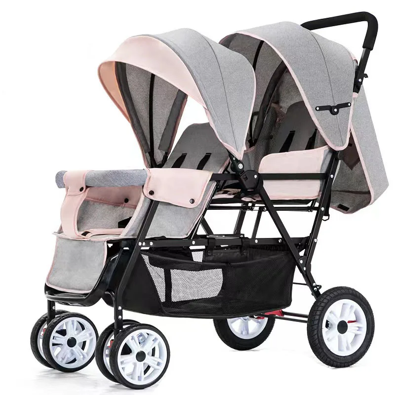 latest design four-season general portable one-click folding twin baby stroller with four rubber wheels for 0-3 years old  kids