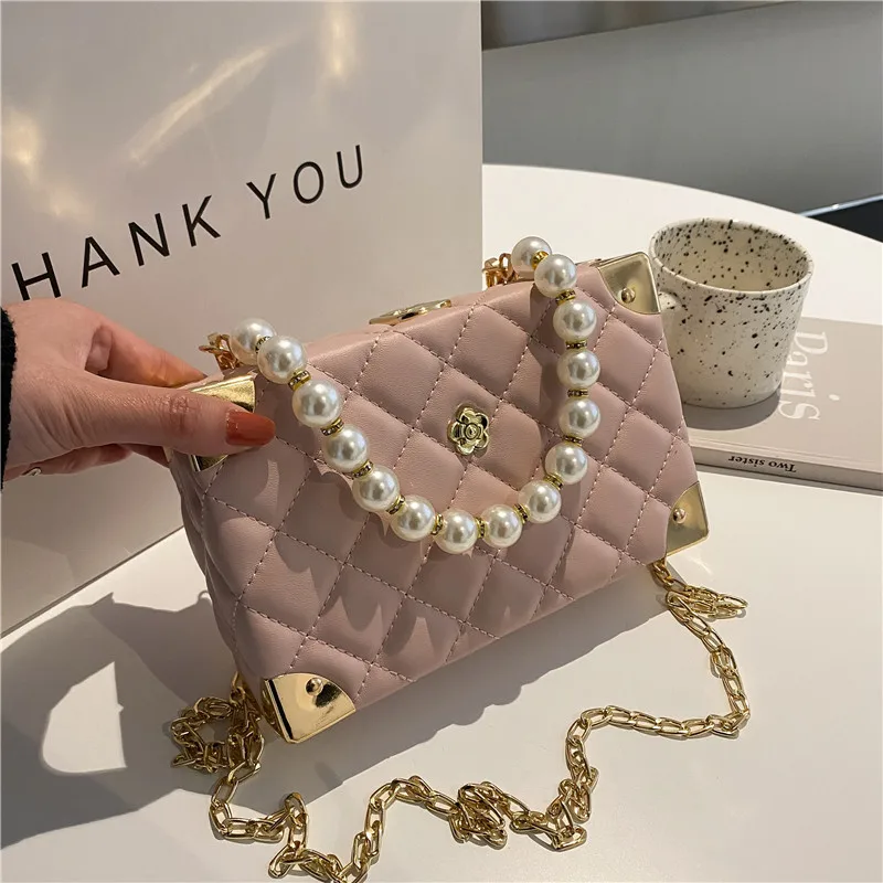 Trendy Thread Box Purse for Ladies - Rhombus Chain Pearl Handbag