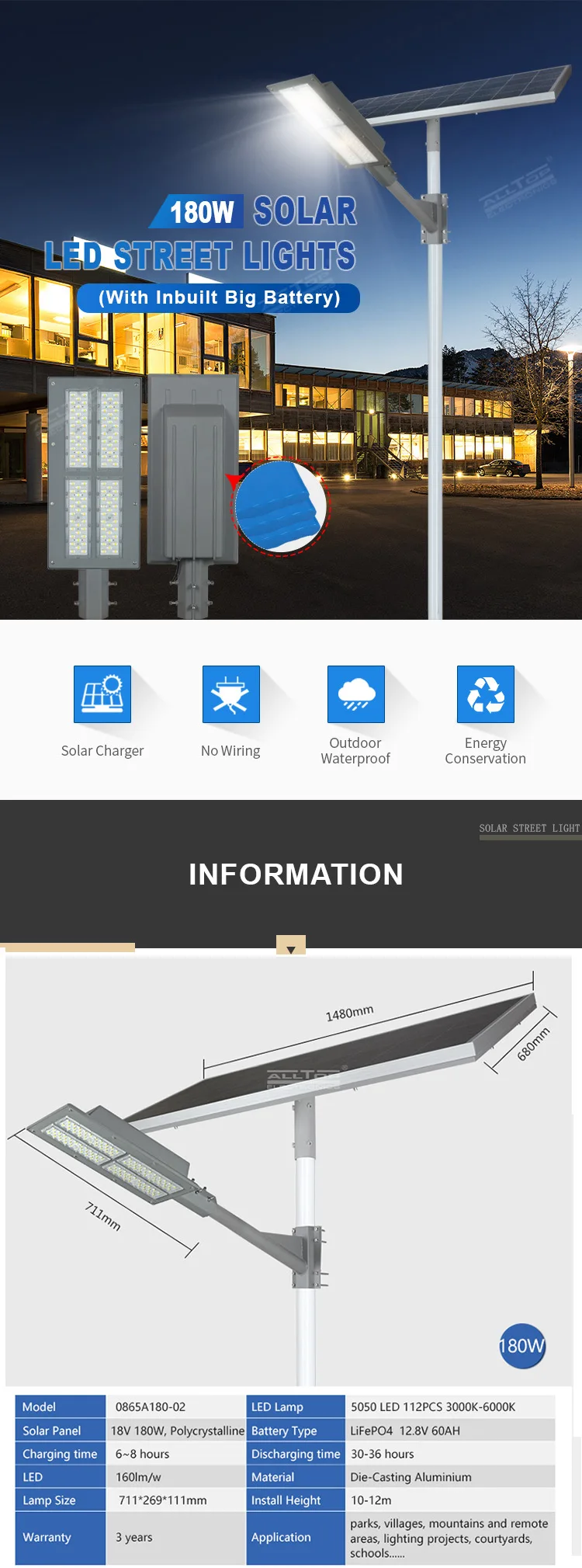 ALLTOP High lumen outdoor waterproof road lighting ip65 smd 180w solar led street light
