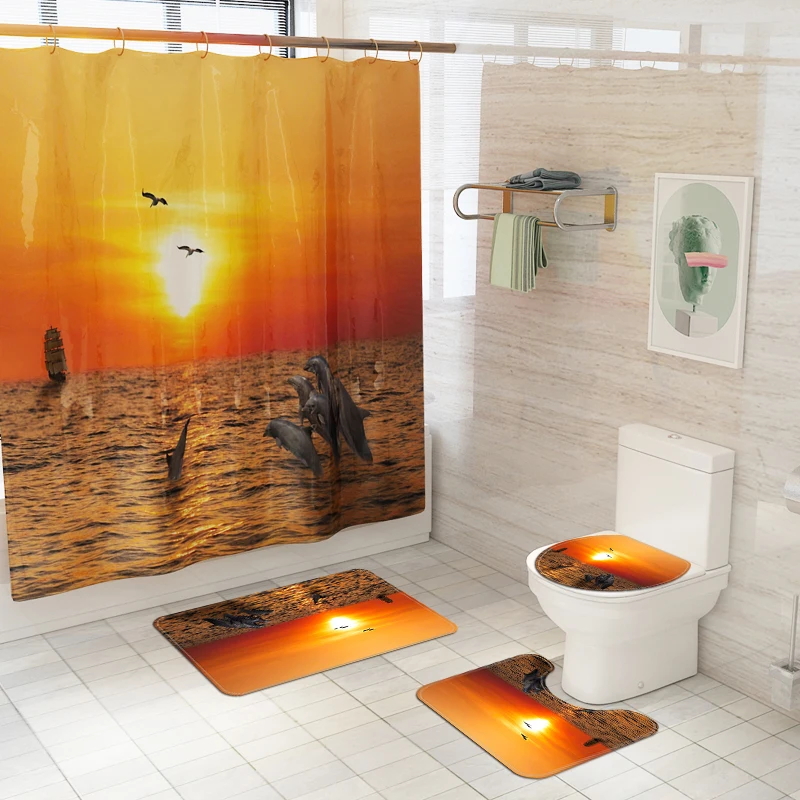 New Shower Curtain Lid Toilet Cover Bath Mat Rug with Hooks Bathroom Accessory Sets Home Decoration