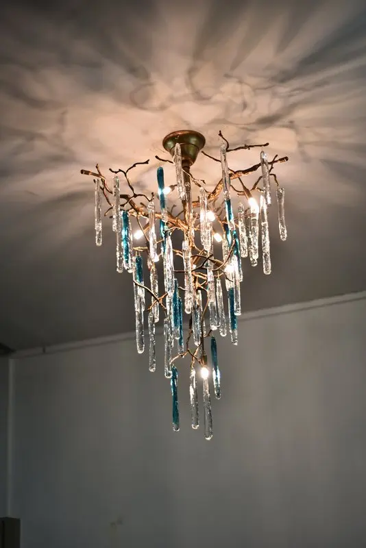 MEEROSEE Staircase Chandelier Aqua Lamp Blue Crystal Pendant Chandelier Gold Copper Lights Lamps Rattan Pentateuch MD87015