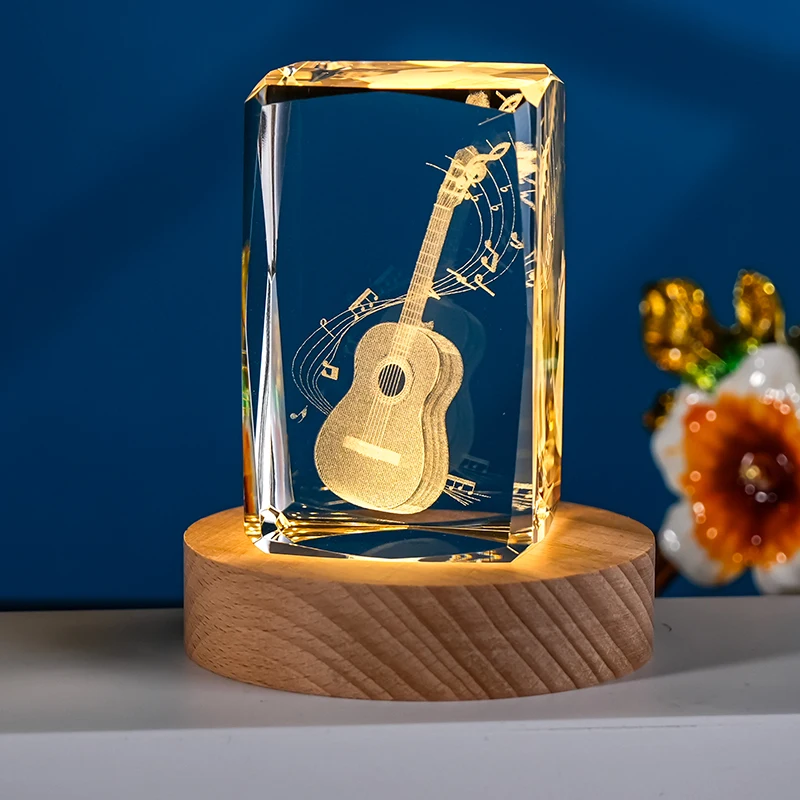 New Arrival K9 Cube Trophy 3D Laser Crystal Glass Music Theme Souvenir Gift Piano Violin Guitar Performance Decor Hand Carved details