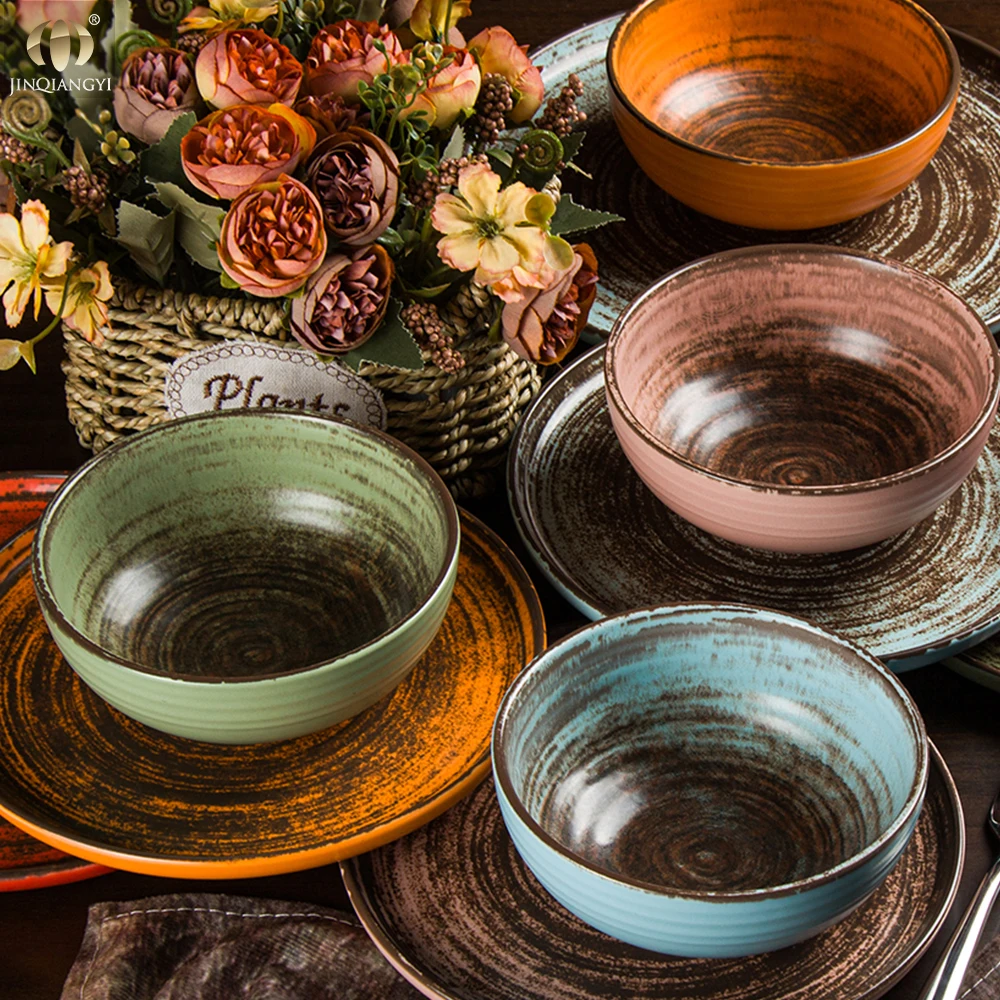 Vintage Crockery Set Hand Painted Ceramic Kitchen Dishes Dining Ware Set,Handmade Porcelain Plates And Bowls Sets Dinnerware