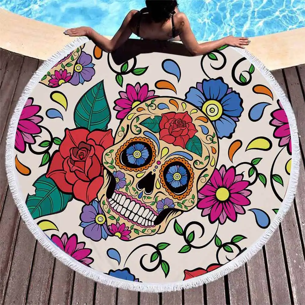 skull rose round beach towel