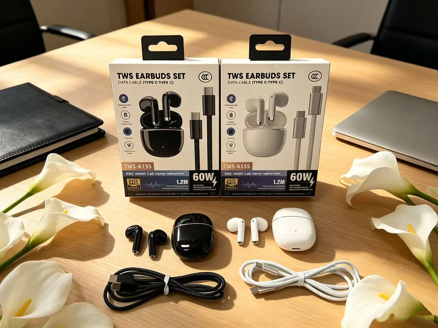 Side-by-side comparison of genuine AirPods Pro 2 and top-tier 1:1 replica showing identical hinge mechanism and USB-C port