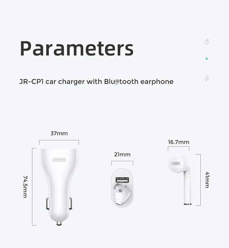 JOYROOM JR-CP1 2 in 1 car charger with 1:1 single wireless earphone v5.0 earbuds