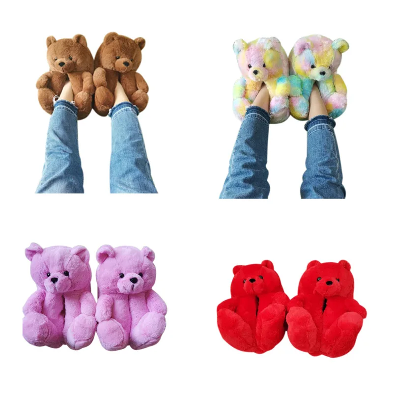 
Wholesale Cheap Woman Kid Bedroom Soft Fluffy Bear Slip on Shoes Plush Teddy Bear Slippers 