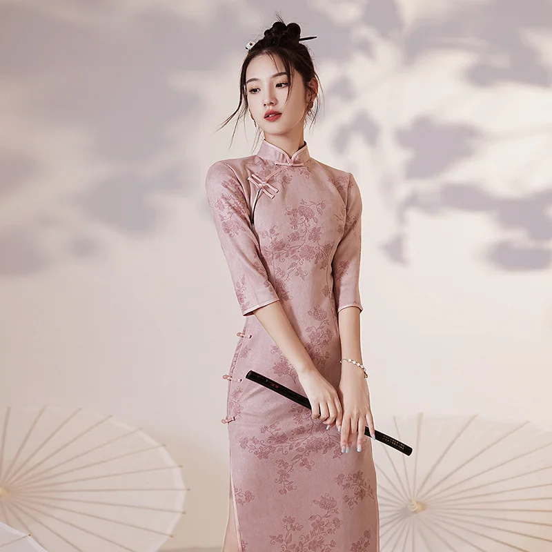 women chinese dress Style Navy Blue Cheongsam Quick Care Reminder This garment contains decorative gold foil printing Traditional Chinese Dresses & Accessories